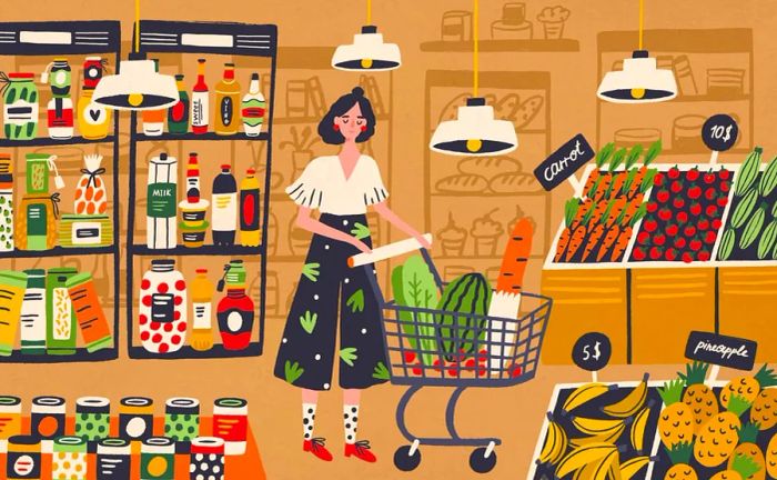 Illustration of shopper in a food market