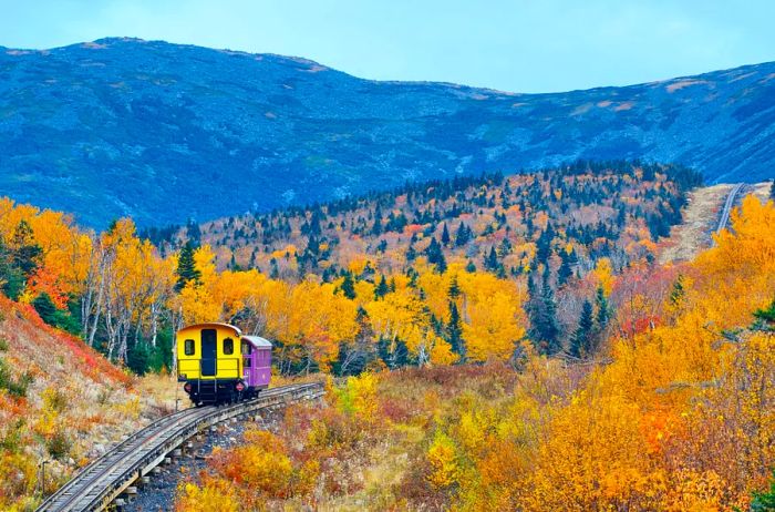 The historic Mount Washington Cog Railway winds through mountains and forests