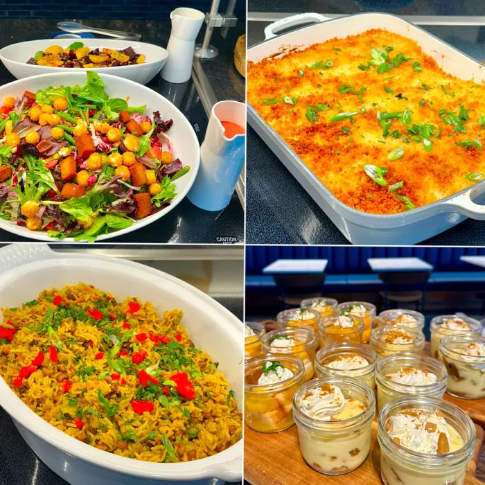 A quartet of dishes on the buffet at the Atlanta Centurion Lounge: two salads, a casserole, and dessert in glass jars