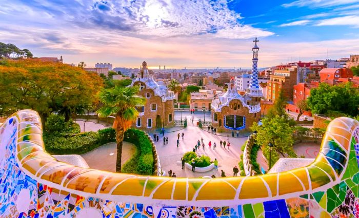 A panoramic view from the top of Park Güell in Barcelona