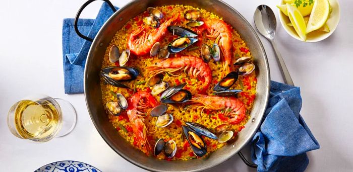 Aerial view of a paella dish