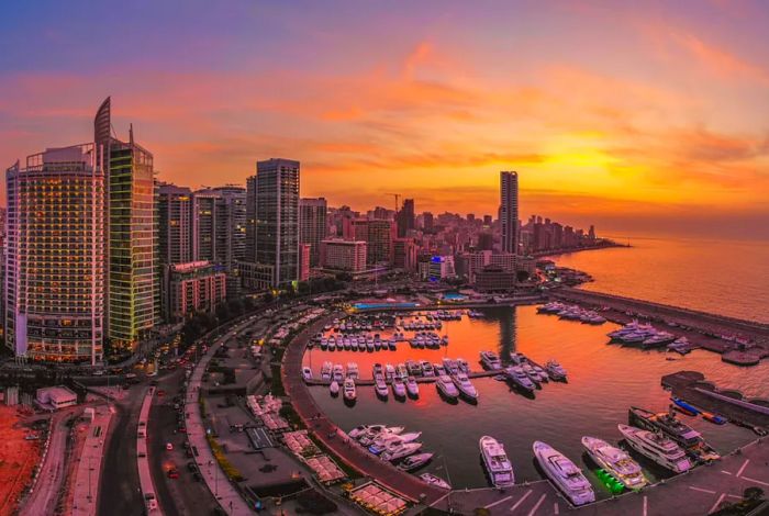 Aerial view of a sunset over coastal Beirut.