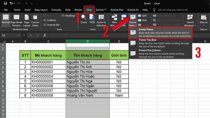 Hướng dẫn cố định cột trong Excel - Bước 2