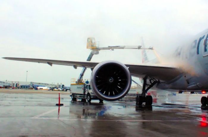 Type I glycol being applied to an American Airlines Boeing 787 aircraft. (Image by author).