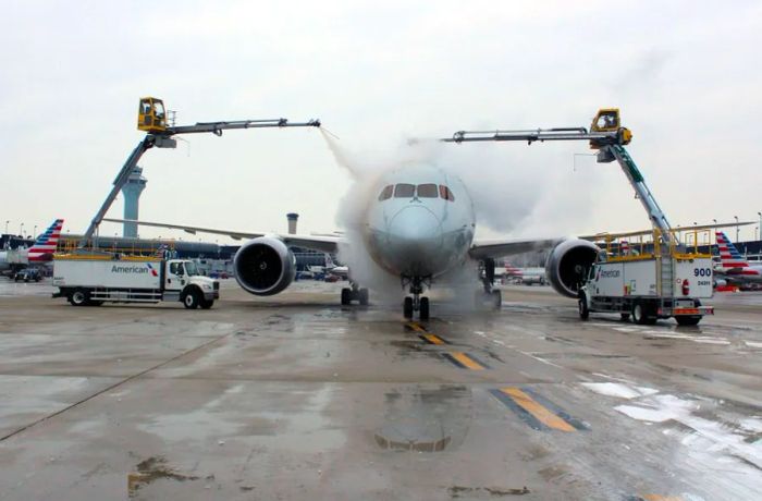 De-icing performed away from the gate after pushback. (Image by author).