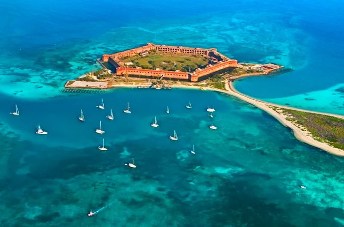 Aerial view of a hexagonal brick fort occupying a small island