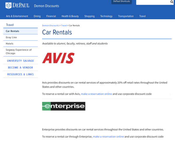 DePaul University’s page for rental car discounts