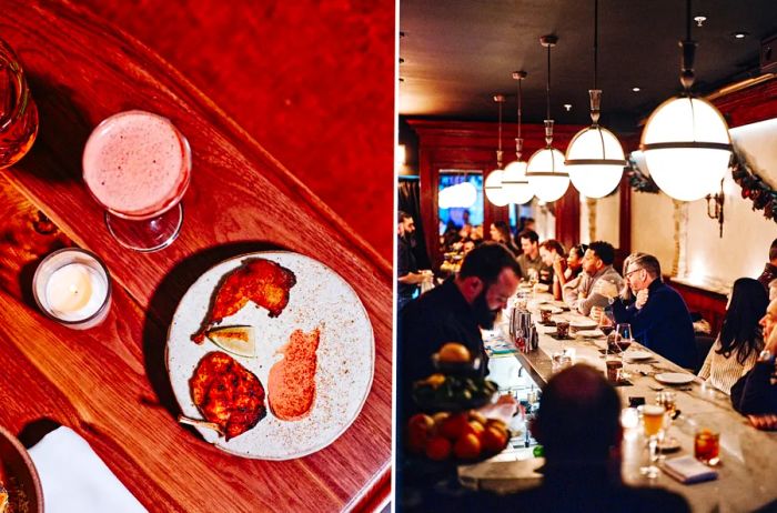 An overhead view of two drinks alongside a white plate of food (L); a bustling bar filled with customers, illuminated by a row of white globe lights above (R)