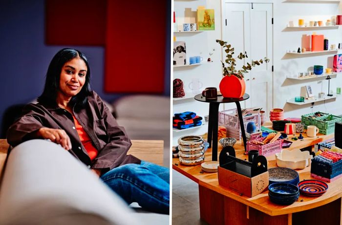 Shannon Maldonado relaxing on a gray sofa (L). A wooden table adorned with colorful home goods, complemented by white-shelved walls at Yowie (R)