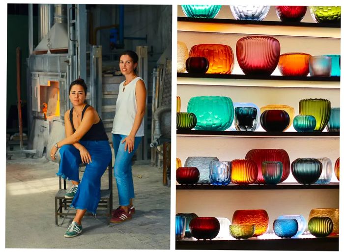 Two women in jeans working in a glassmaking studio (L); shelves filled with vibrant Micheluzzi Glass bowls.