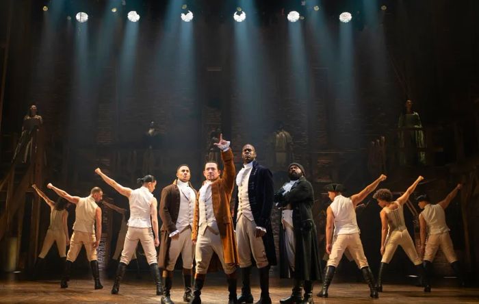 Daniel Yearwood, Miguel Cervantes, Kyle Scatliffe, and Ebrin R. Stanley in Hamilton