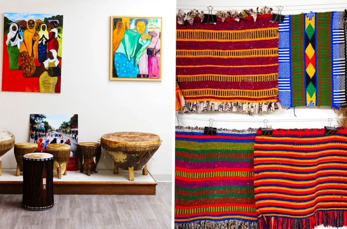 Left: A showcase of drums at the Somali Museum of Minnesota in Minneapolis. Right: A display of vibrantly striped rugs.