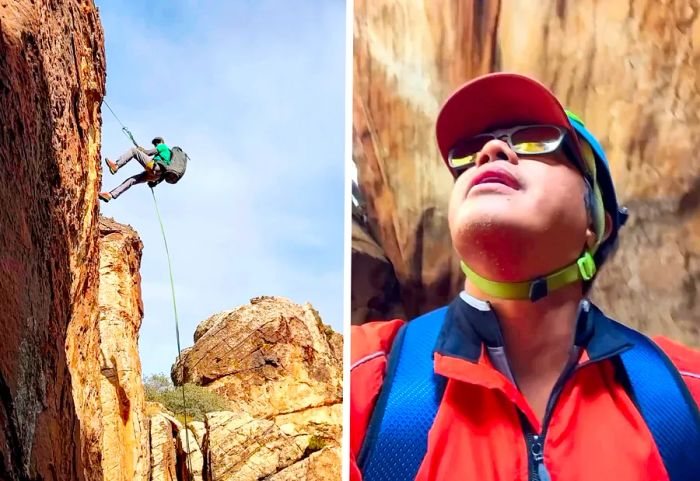 Left: An individual rappelling down a cliff. Right: A person in sunglasses and a cap gazes upward.