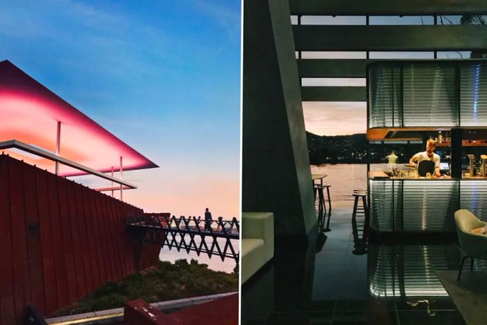 Left image shows people strolling across a bridge toward a building. Right image depicts a man serving a drink at a bar.