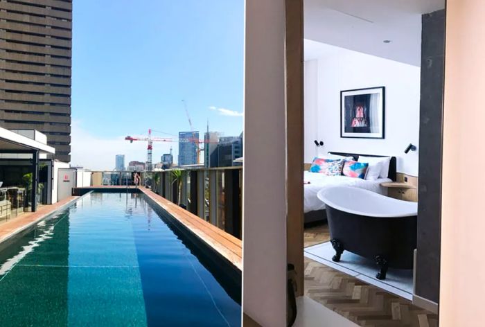 The long outdoor pool at The Old Clare Hotel (L), along with an interior guest room featuring a freestanding tub near the bed.