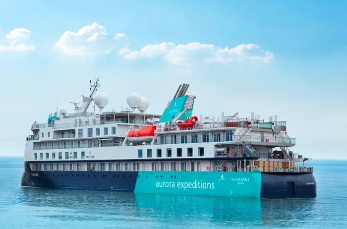 Exterior view of Aurora Expeditions' state-of-the-art, carbon-neutral <i>Sylvia Earle</i> expedition vessel designed for 132 passengers.