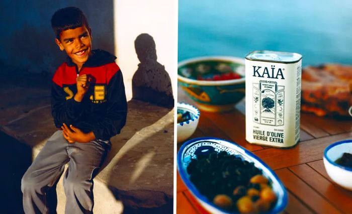 Left: A portrait of a young boy. Right: A tin of Tunisian olive oil.