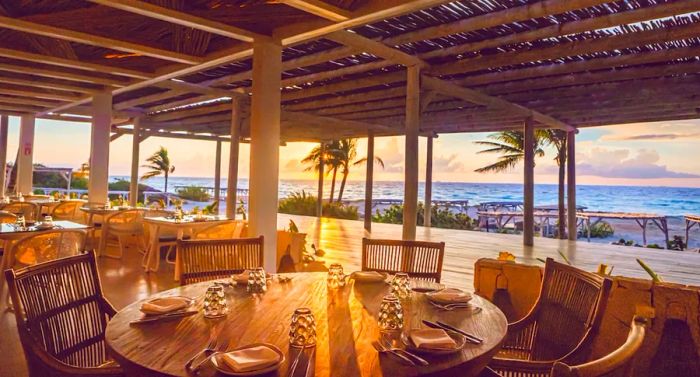 The interior of the open-walled restaurant at Palmaia, House of Aia