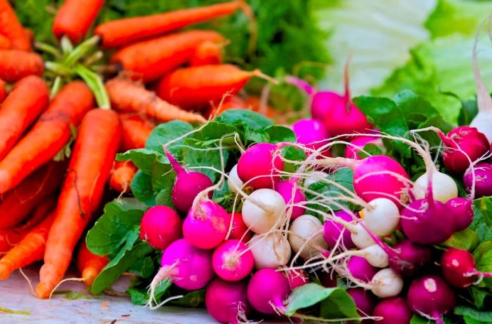 Radishes and carrots available at the SFC Farmers' Market in downtown Austin