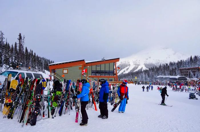 Skiers gathering their gear to hit the slopes at Sunshine Village in the Canadian Rockies