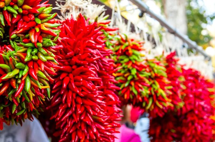 In addition to being featured on dinner plates, red and green chiles are often used as decorative elements.