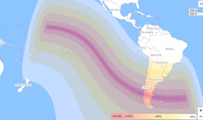 Map of the October 2024 solar eclipse path, primarily covering southern regions of South America.