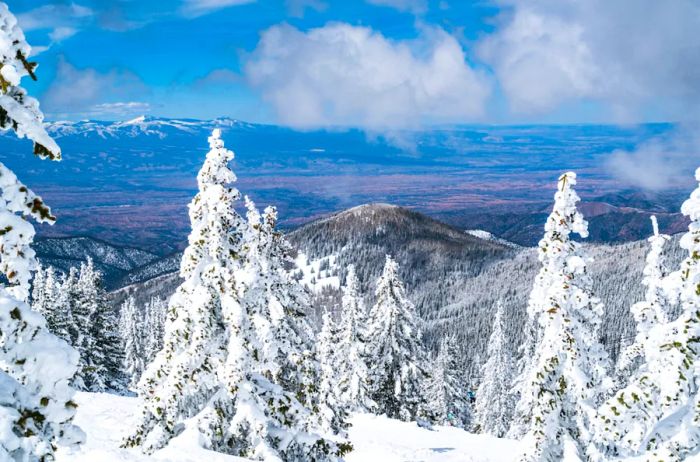 The snow-covered peaks of Taos Ski Valley.