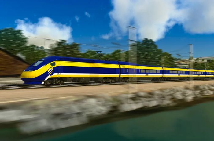 A yellow and blue high-speed train gliding past green trees