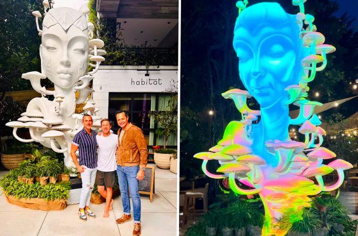 Artist Daniel Popper (center left) showcases his “Mycelia” sculpture (right), illuminated in blue lighting.