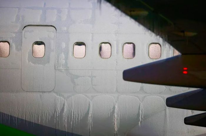 An Alaska Airlines plane navigating an ice storm in Seattle, with ice forming below a row of windows.