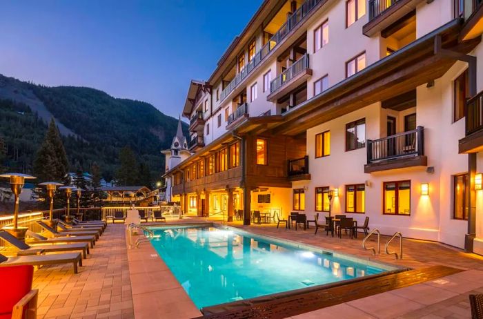 The outdoor pool area at The Blake, a ski hotel in Taos Ski Valley