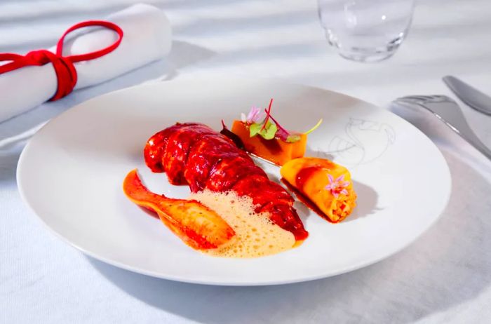 Air France's business-class meal featuring lobster by chef Arnaud Lallement