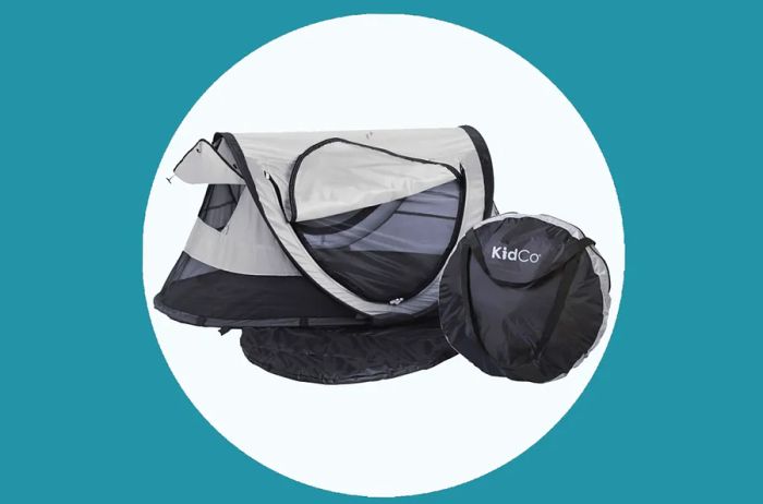 The KidCo PeaPod travel tent in black and gray, both folded and unfolded.