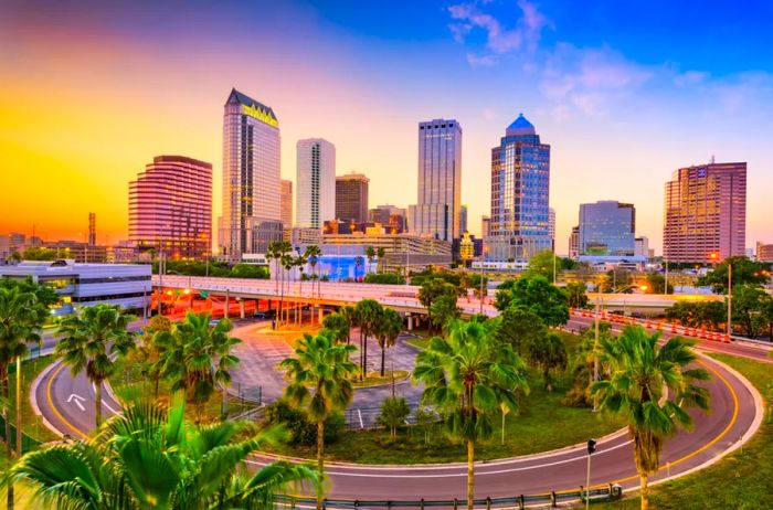 The Tampa skyline illuminated at sunset, framed by a highway loop and swaying palm trees
