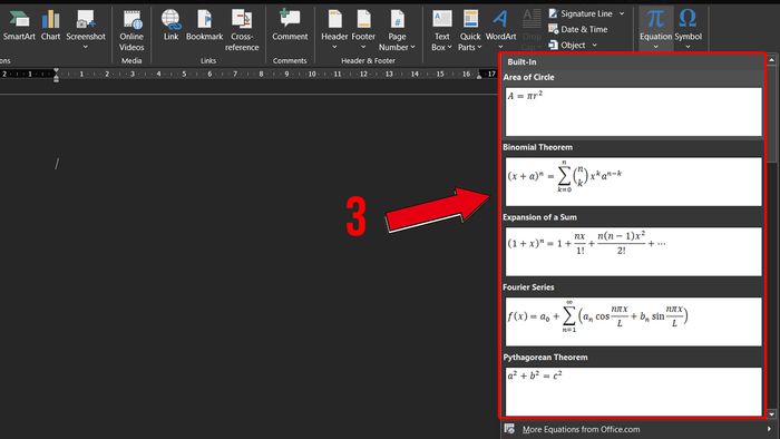 Chèn công thức toán học trong Word bằng công cụ có sẵn, bước 2