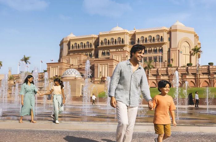 Strolling through the hundreds of fountains at the iconic entrance of Emirates Palace Mandarin Oriental