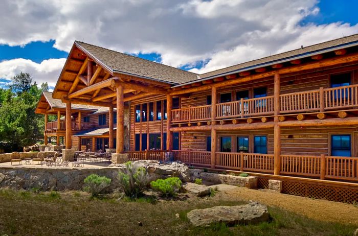 Exterior view of the two-story timber-walled Costilla Lodge