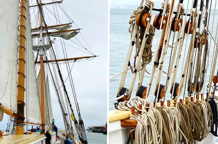 The left photo features a tall ship; the right photo showcases sailing ropes.