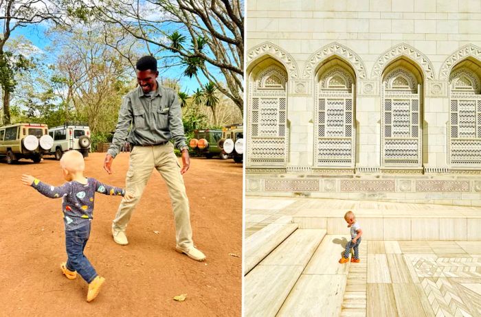 Tall man and young boy outdoors, with Jeeps parked in the background (L); distant side view of small boy walking up broad white stone steps outside a building (R)