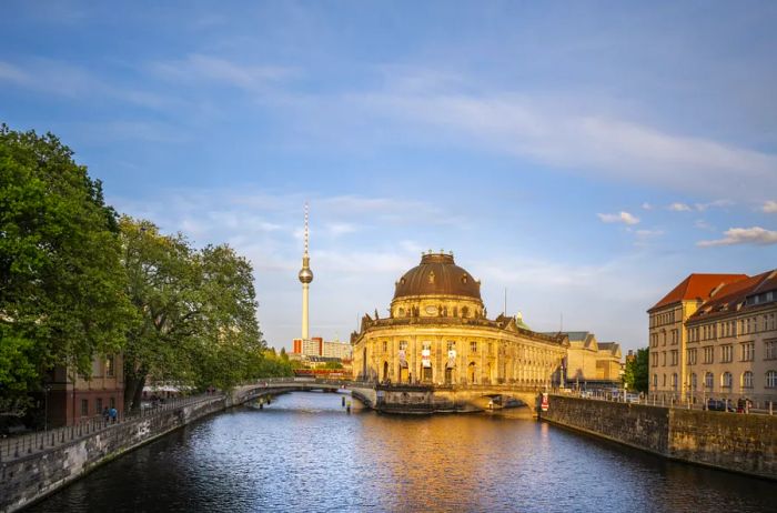A picturesque view of Museum Island nestled in the Spree River in Berlin, Germany.