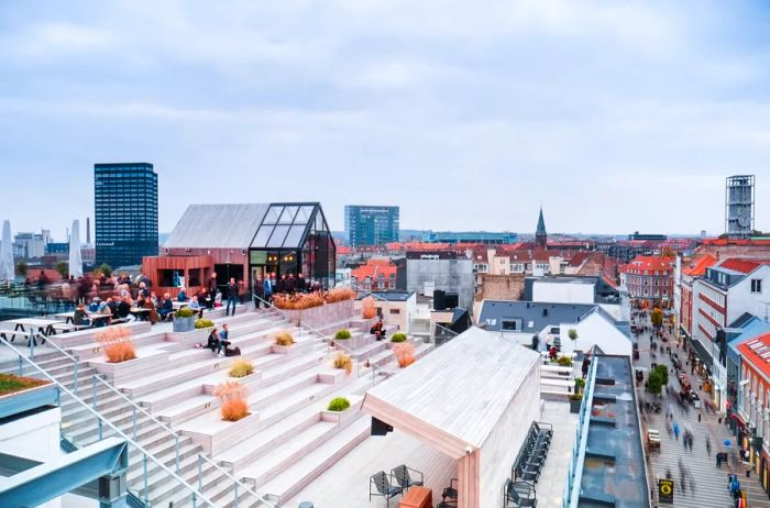 Salling Rooftop, located atop the Salling department store in Aarhus, Denmark, offers bleacher-style seating for guests.