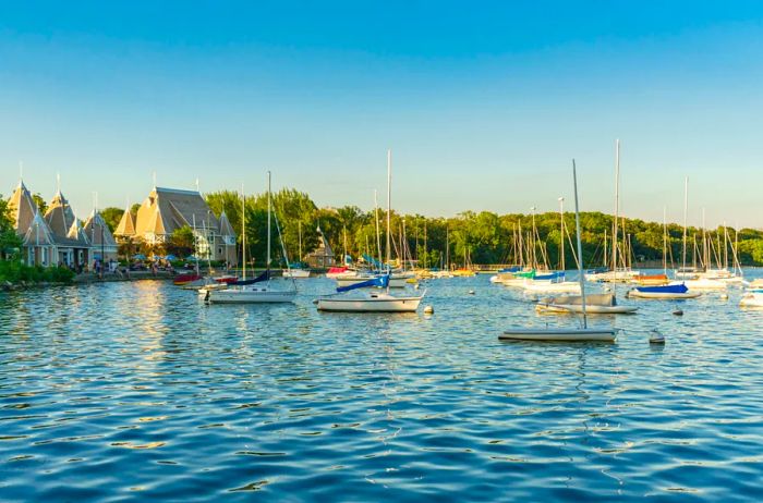 Sailboats gliding in the Lake Harriet marina, Minneapolis