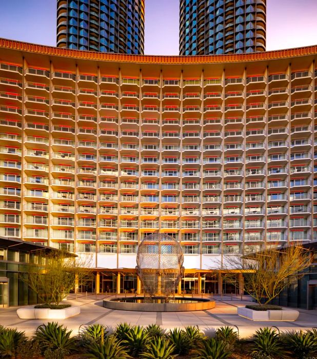 The impressive facade and courtyard of the Fairmont Century Plaza