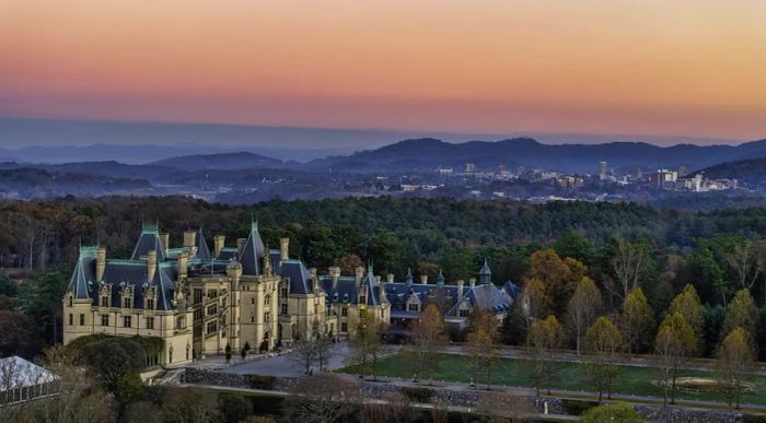 Aerial view showcasing the Biltmore Village area of Asheville.