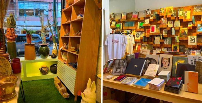 The left image features pottery and a bookshelf, while the right image displays paper items for sale against a wall.