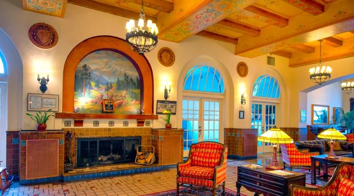 The public areas of the Hassayampa Inn are adorned with cozy fireplaces, wingback chairs, and large French doors.