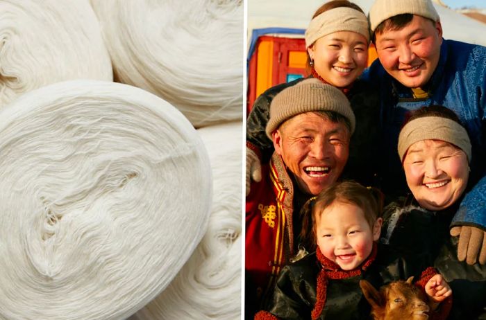 Left: Bundles of undyed wool yarn; Right: A family of joyful goat herders.