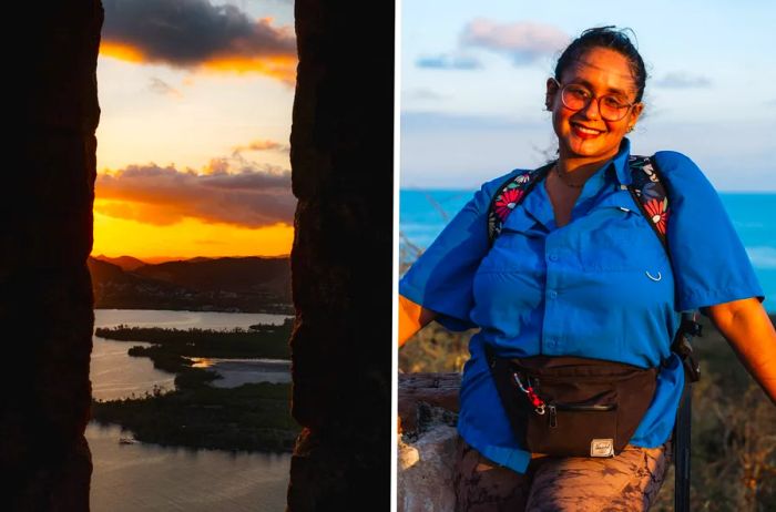 Sunset at Fort Allen Capron (left), Soraya Tours founder Norymar Maldonado (right)