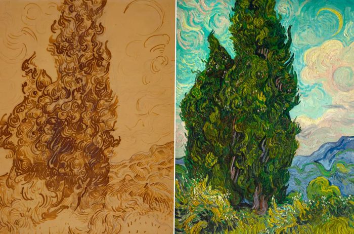 Van Gogh's <i>Cypresses</i> sketch, on loan from the Brooklyn Museum, is showcased alongside the <i>Cypresses</i> (June 1889) from the Met's collection.