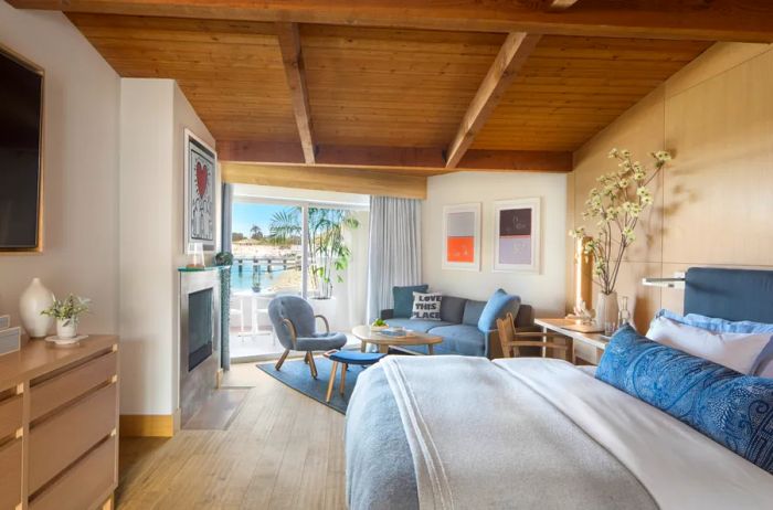 Interior of a king-size room with a pier view at the Malibu Beach Inn